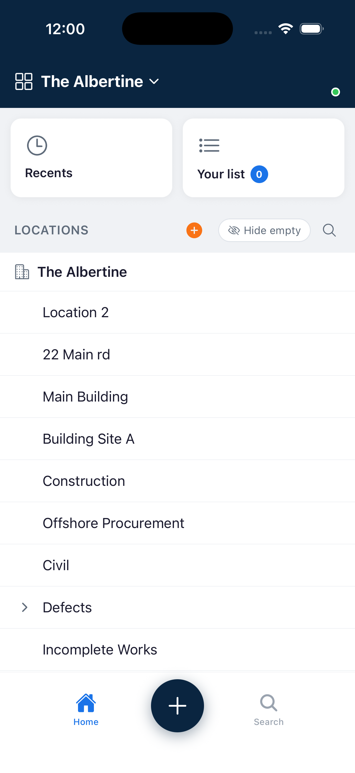 Build Pro HQ app showing location hierarchy